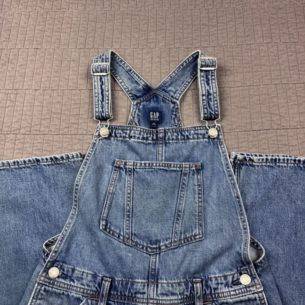 Gap Denim Blue Distressed Bib Overall Girls XXL (14-16) Medium Wash Straight Leg